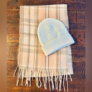 Plaid Scarf and Beanie Set in Cream and Pink with Frills